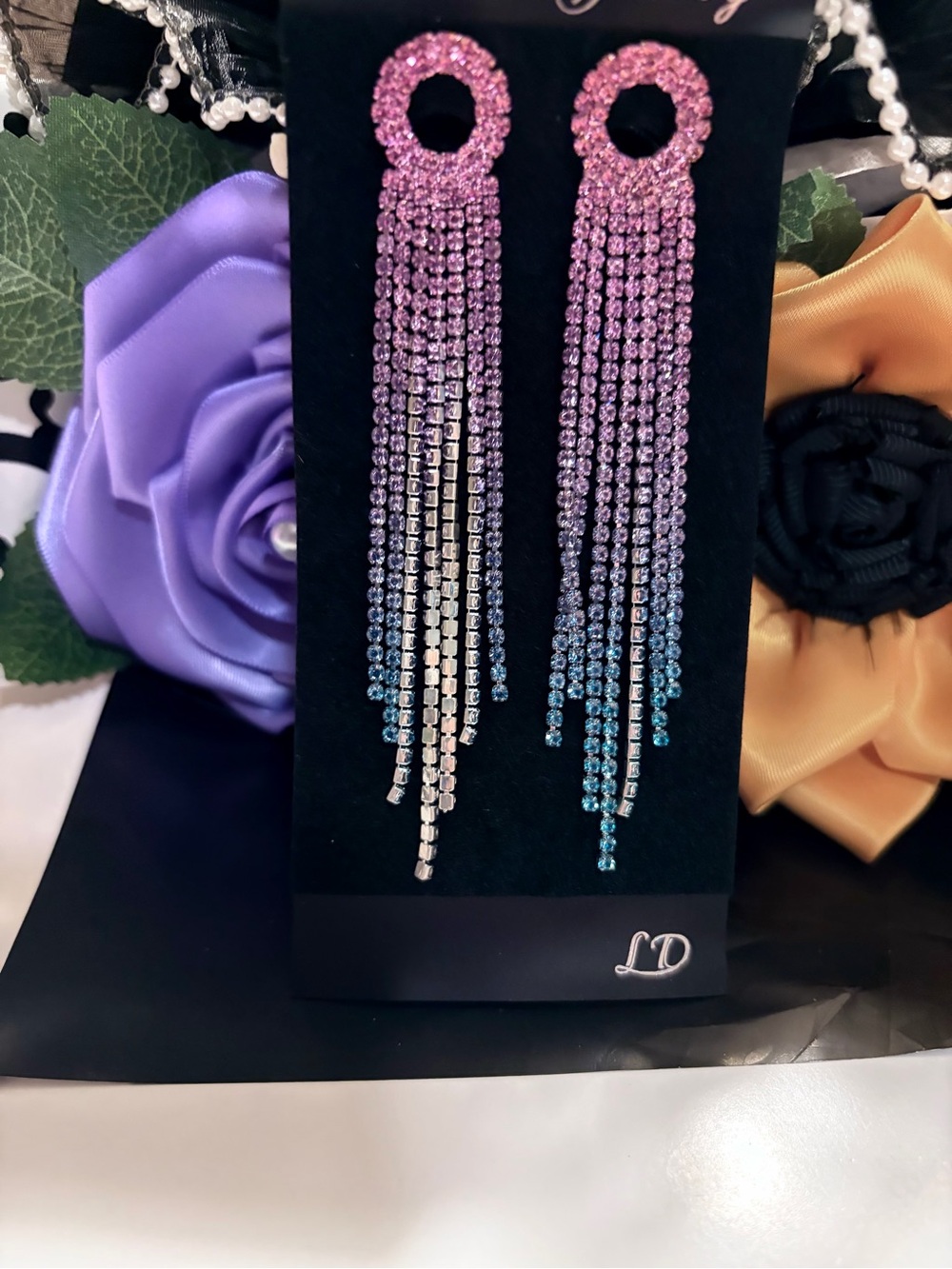 Pink and Blue Ombre Crystal Fringe Drop Earrings